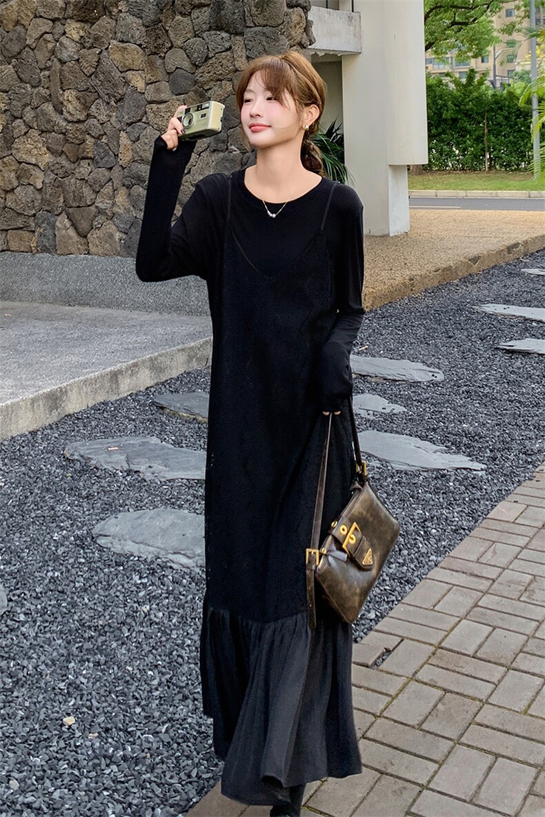黑色高级感蕾丝拼接连衣裙女2025夏新款法式赫本风气质显瘦鱼尾裙,女装套装/套裙,2C316