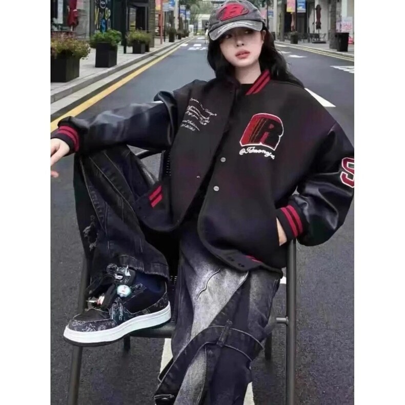 美式复古撞色拼接徽章棒球服外套男秋冬夹棉加厚宽松高街夹克情侣,女装卫衣/绒衫,星座218-8