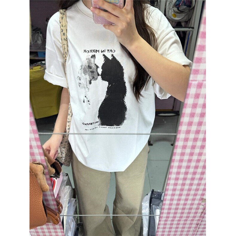 潮牌猫咪印花短袖T恤夏季痞帅宽松小众情侣半袖上衣t恤 TA38图片