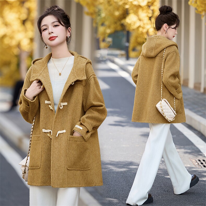 牛角扣连帽双面呢羊绒大衣女2025秋冬新款小个子减龄宽松毛呢外套，女装双面呢大衣，采品优优