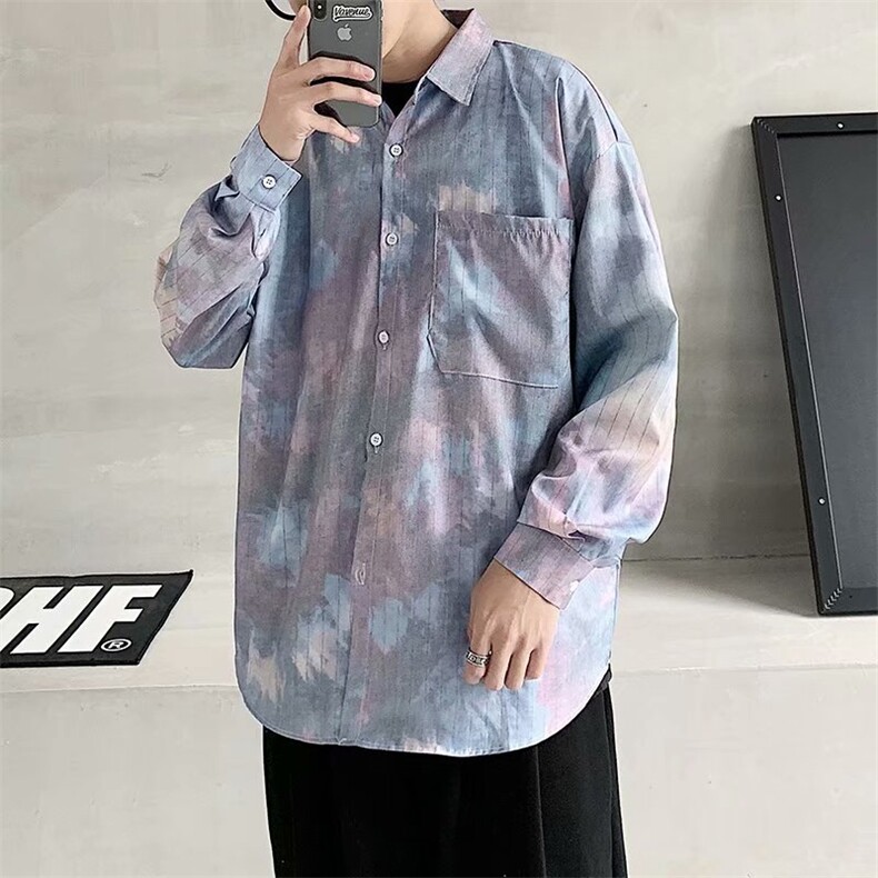春秋衬衫男长袖扎染宽松衬衣韩版百搭设计休闲上衣 W1119-P28图片