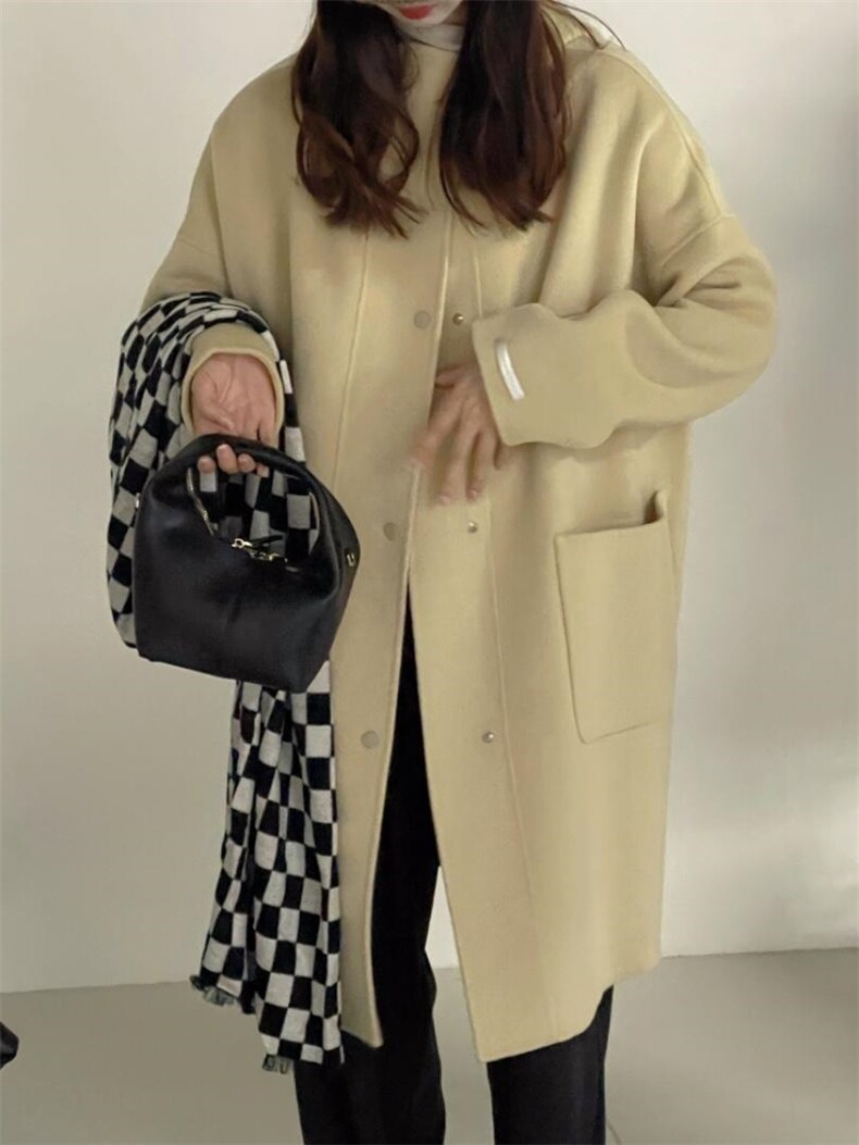 秋冬新款韩版连帽排扣羊绒大衣，其它，HJ