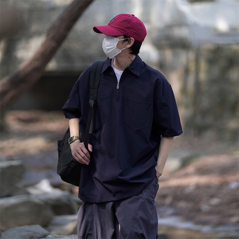 港风宽松时尚情侣款上衣休闲潮牌半拉链款复古短袖HY298TP45控68,男装T恤,电商A102B