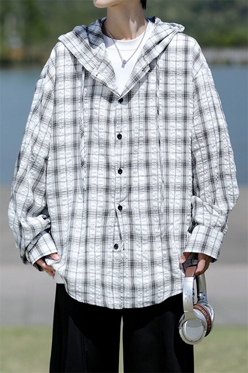 廓形防晒衬衫男夏季长袖冰丝薄款亚麻格子衬衣开衫外套CS29006P48,男装衬衫,电商B312