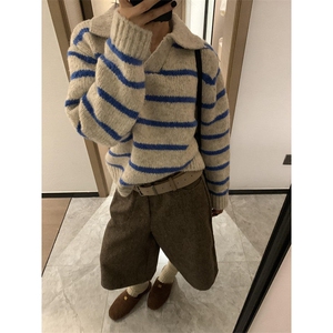 复古翻领条纹毛衣女秋冬慵懒风宽松长袖软糯针织衫上衣 M5111图片