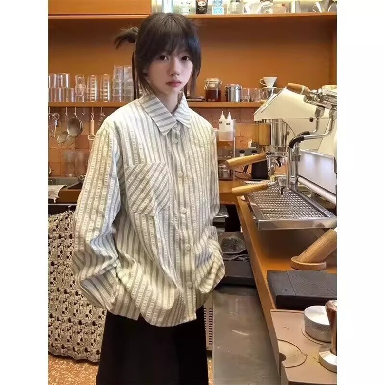 591-P43秋季新款竖条纹衬衫男女日系复古痞帅高级感宽松休闲,男装衬衫,电商B323A