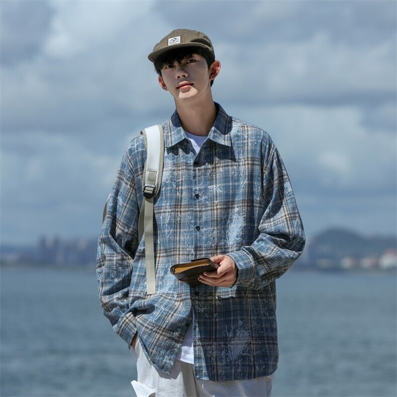 25年春季格子衬衫长袖大码宽松落肩现货DS-C323-1-2385-特批35,男装衬衫,电商C323-1