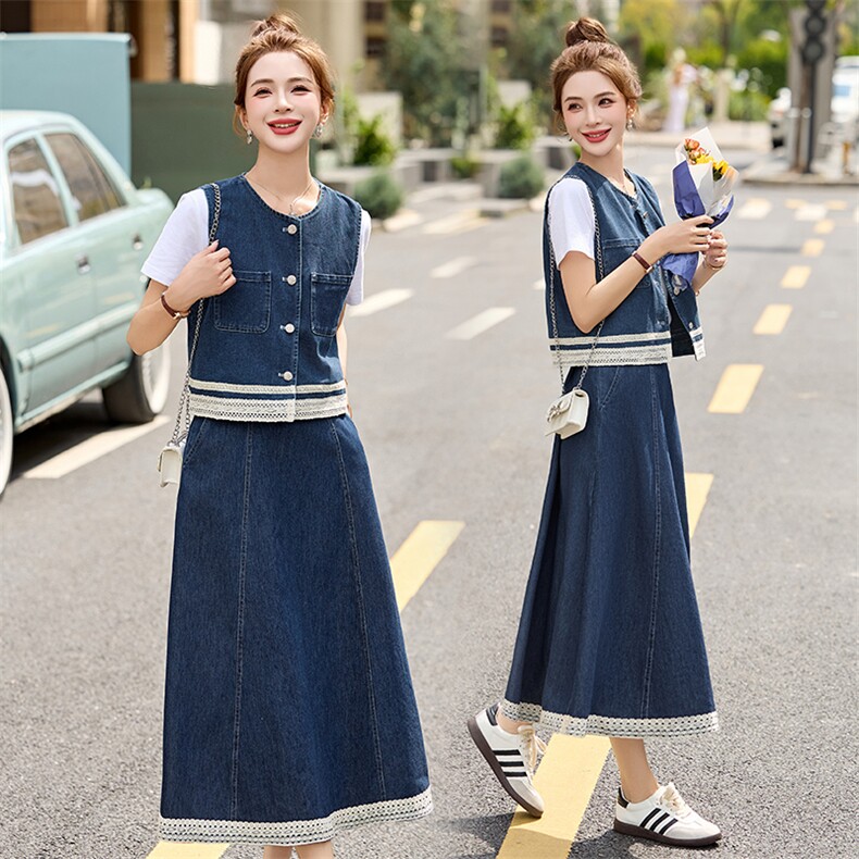 时尚蕾丝拼接牛仔马甲套装女2025年夏季新款洋气减龄半裙三件套,女装套装/套裙,贵人树