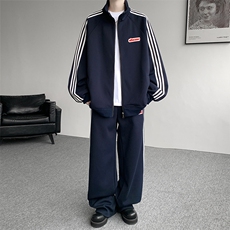 8XL-M条纹撞色开衫新年红卫衣运动套装潮牌运动服校园风TZ114P118，男装休闲套装，电商D206-1
