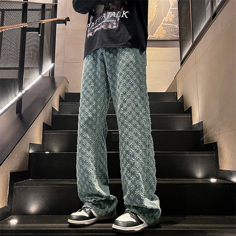 特批P40无差价25秋季满印提花拖地牛仔长裤男高级感微喇裤N9074,男装休闲裤,电商A001