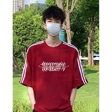 抖音得物高品质二开240克宽松纯棉美式潮牌三条杠织带短袖T恤，男装T恤，电商A486-1