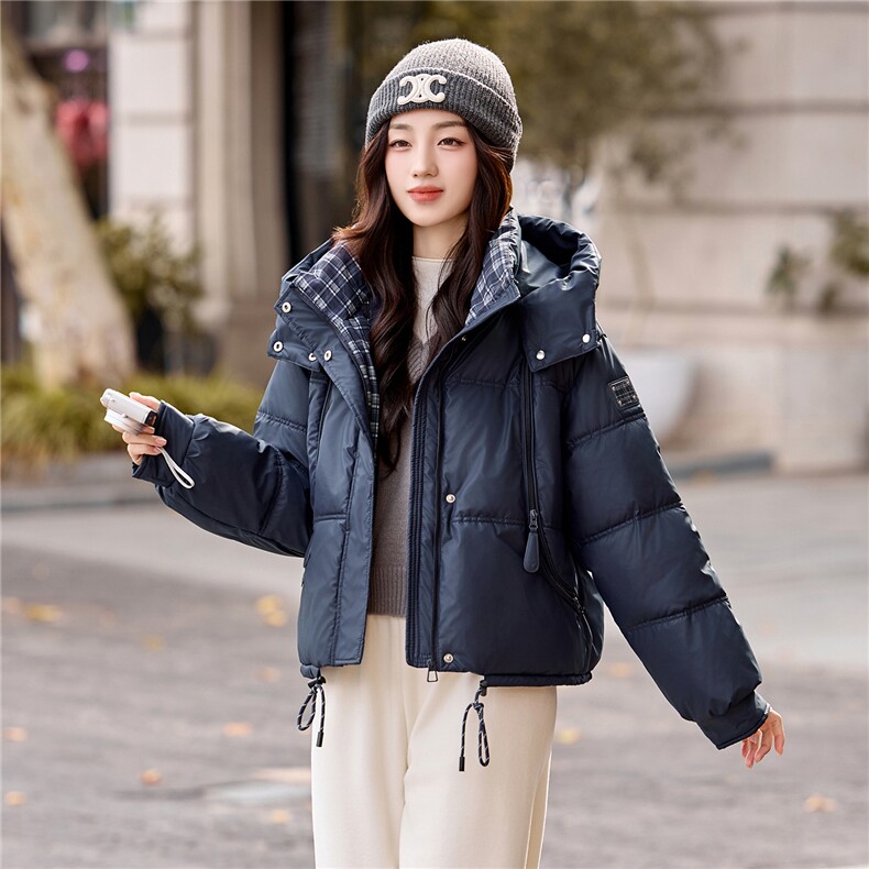 现货冬装新款简约时尚保暖休闲拼接连帽PU加厚棉服棉衣外套,女装棉衣/棉服,韩美纤衣