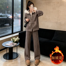女秋冬新款时尚休闲套装宽松显瘦短款连帽毛领外套阔腿长裤两件套，女装套装/套裙，江南