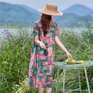 时尚印花圆领棉麻连衣裙女2026夏薄款舒适小个子休闲宽松显瘦裙子图片