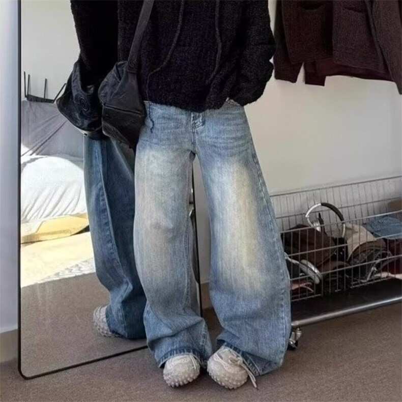 美式高街cleanfit竹节水洗做旧弯刀牛仔裤男女直筒微喇廓形长裤子,男装牛仔裤,星座506