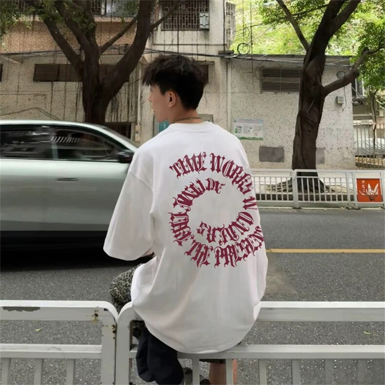 抖音得物供货210克现货宽松纯棉美式潮牌印花落肩袖纯棉T恤AT2197,男装T恤,电商A443