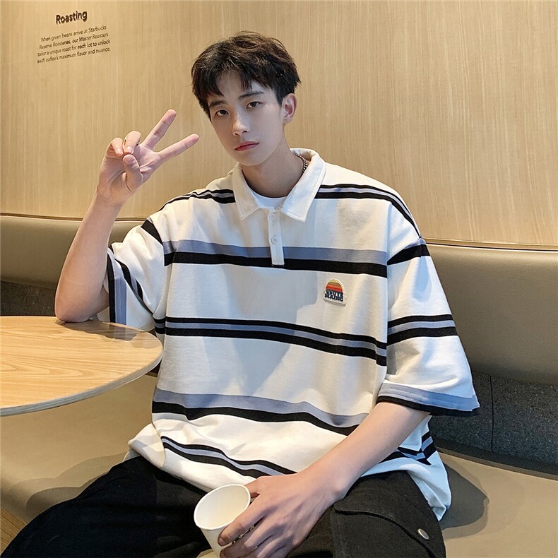 美式条纹短袖polo衫男女大码M-5XL港风翻领短袖T恤DP77010P50控78，男装Polo衫，星座227-7