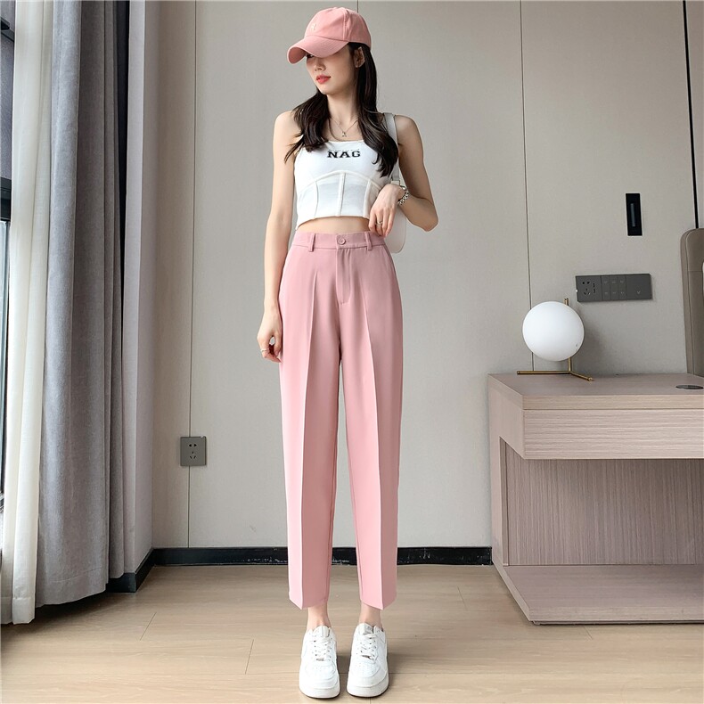 冰丝西装裤女2024夏季直筒宽松高腰显瘦九分小个子休闲烟管裤,女装休闲裤,梦白服饰厂