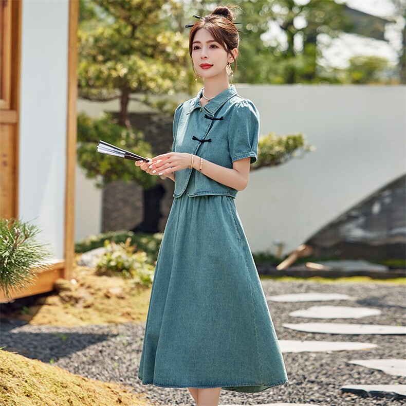 新中式国风牛仔套装女2024夏季新款复古气质盘扣上衣半身裙两件套,女装套装/套裙,依路服饰