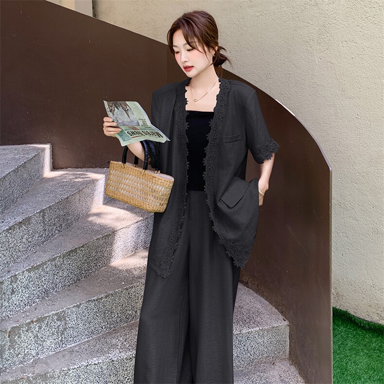 新款现货蕾丝拼接韩系西装阔腿裤套装F630-P155-K228,女装套装/套裙,2C255