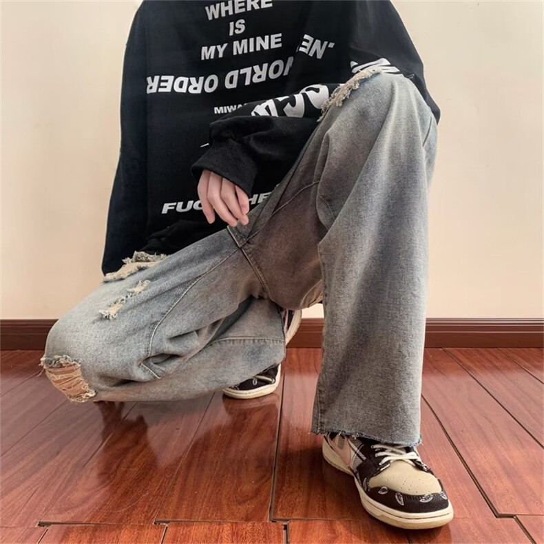 美式高街ins做旧破洞宽松直筒牛仔裤男休闲百搭阔腿长裤MN537-P40,男装牛仔裤,星座1008