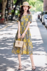 气质玫瑰印花棉麻连衣裙女2026夏季新款洋气减龄休闲收腰显瘦裙子，女装连衣裙，倪叶myz