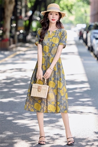 气质玫瑰印花棉麻连衣裙女2026夏季新款洋气减龄休闲收腰显瘦裙子图片