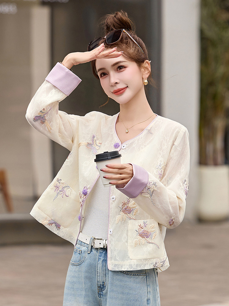 2025春夏季新款紫色薄款刺绣网纱蕾丝防晒衣女新中式国风短款外套,女装短外套,依如秀(原杭风阁)