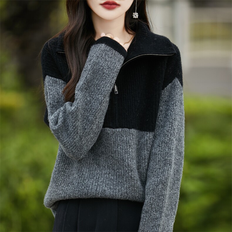 秋冬季羊毛加厚慵懒拼色半拉链时尚羊毛衫,女装羊毛衫,忠诺羊绒