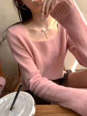 秋季新款舒适显瘦时尚百搭方领小高腰打底衫，女装针织衫/毛衣，恒恩羊绒
