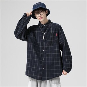 2021秋季新无影墙日系港风百搭大码宽松男扣领格子衬衫C510-P40图片