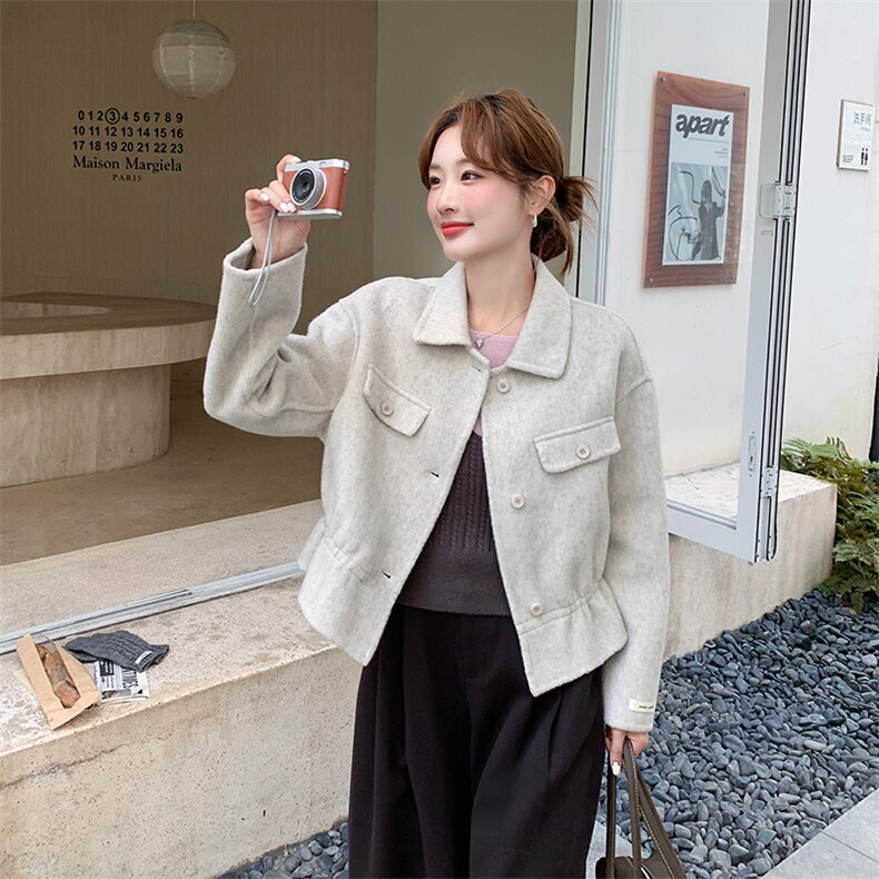 小方领燕麦色抽牛筋羊毛小外套,女装毛呢外套,1D066-1