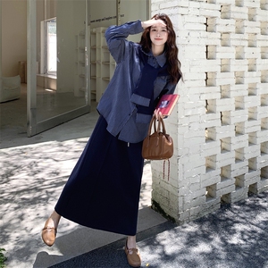松弛感条纹衬衫半身裙套装女春秋俏皮活泼两件套又a又飒御姐超火图片