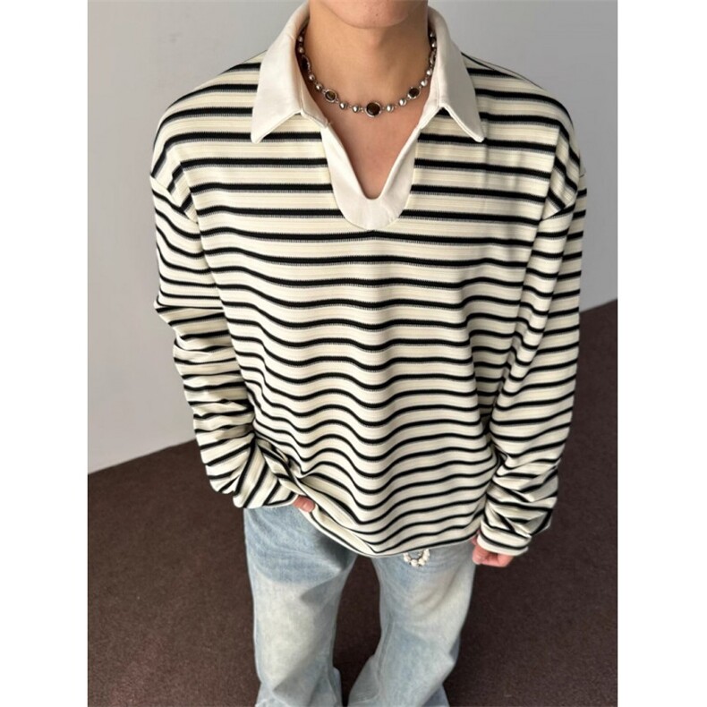 POLO领条纹毛衣春秋宽松慵懒风外穿薄款长袖针织衫上衣TA06，男装Polo衫，星座1116A（原606A-3）