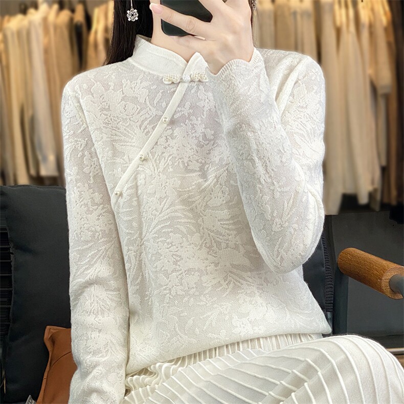 2025年春季女士旗袍领镂空绣花长袖百搭针织衫，女装羊毛衫，朝贺羊绒