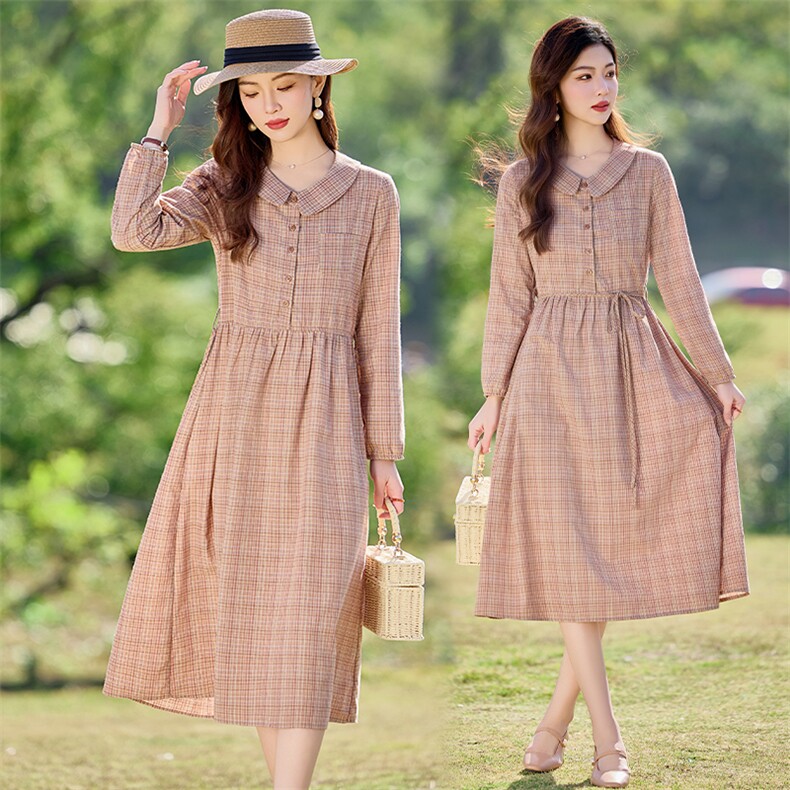 高端长袖格纹撞色连衣裙女2026春新款气质洋气减龄衬衫裙，女装连衣裙，水衣源