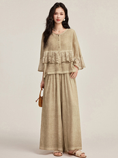 闺舍2025春季新款气质上衣时尚套装复古宽松阔腿裤蕾丝拼接衬衣，女装套装/套裙，宝儿家