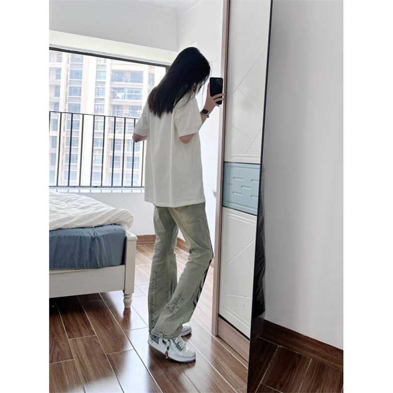 【有货】美式高街黄泥色牛仔裤男女直筒火焰残影裤子NZ05HH-特P58,男装牛仔裤,星座1007（原301D）