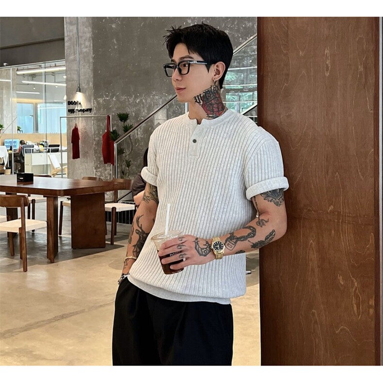 老钱风亨利领T恤简约纯色冰丝针织短袖上衣H9123/P58,男装T恤,电商A243