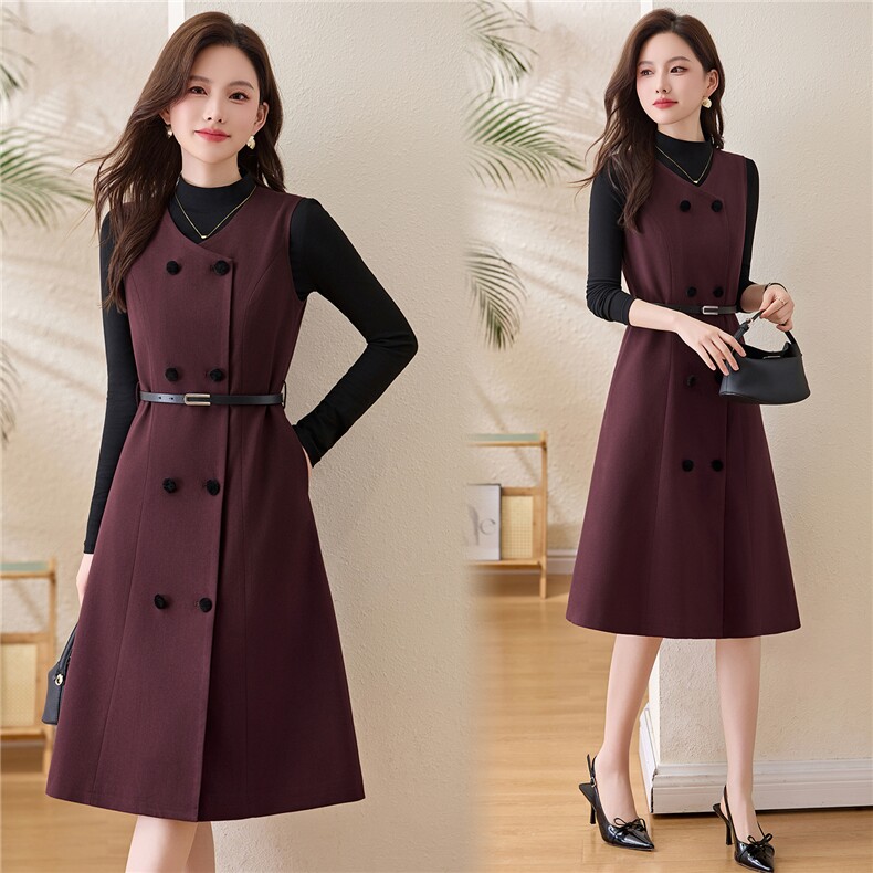 新款时尚双排扣两件套中长款背心裙+针织打底衫（送皮带），女装套装/套裙，姿衣坊