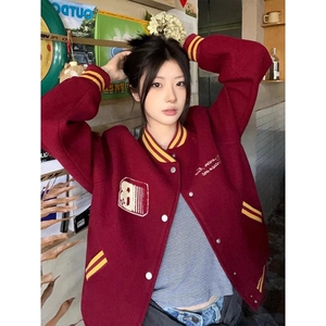 美式复古红色棒球服女春秋加厚字母刺绣新年战袍夹克外套宽松上衣图片