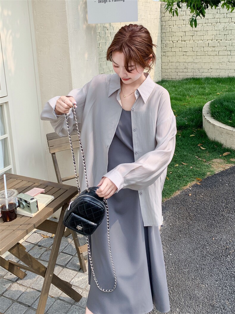 韩系御姐风穿搭一整套女夏高级感灰色天丝防晒衬衫吊带连衣裙套装,女装套装/套裙,欣美人