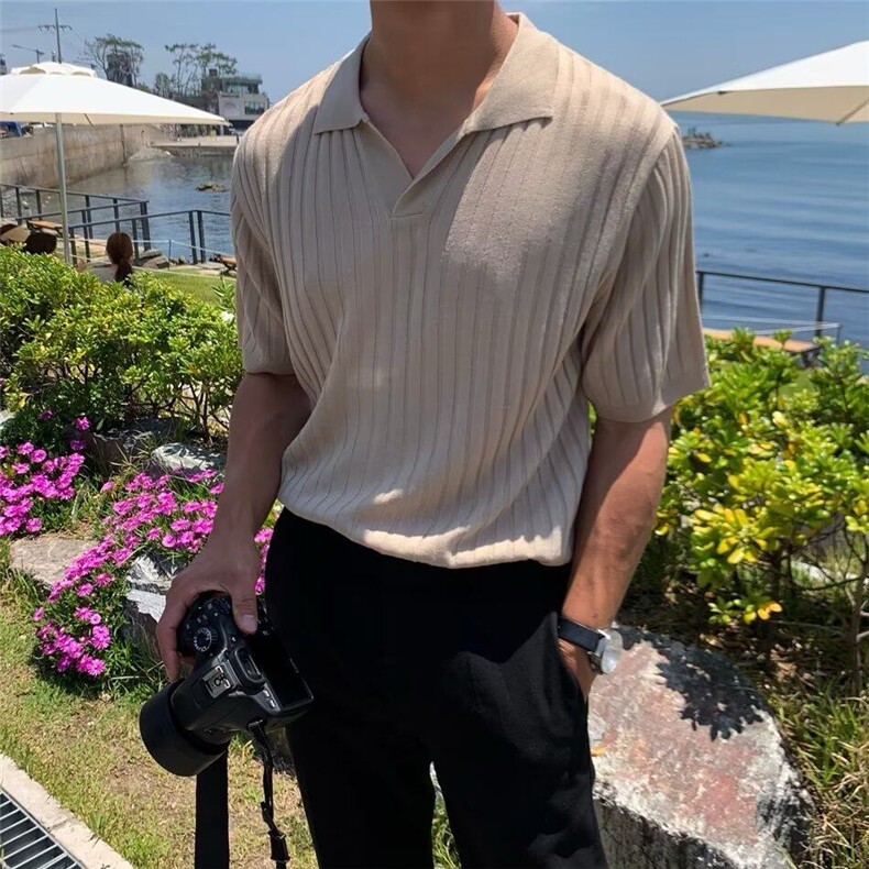 老钱风纯色条纹V领针织男短袖翻领上午冰丝Polo衫PL91/P48,男装Polo衫,电商A243