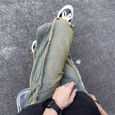 美式高街水洗复古泥黄牛仔裤男毛边拼接设计1001-1-CN161-P45，男装牛仔裤，星座1001-1