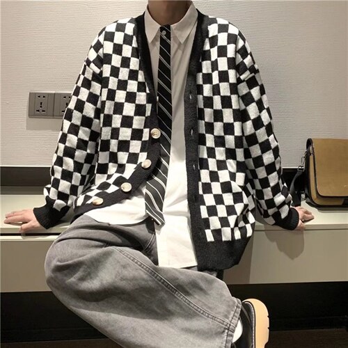 棋盘格毛衣外套春秋慵懒风V领格子针织X003P45图片