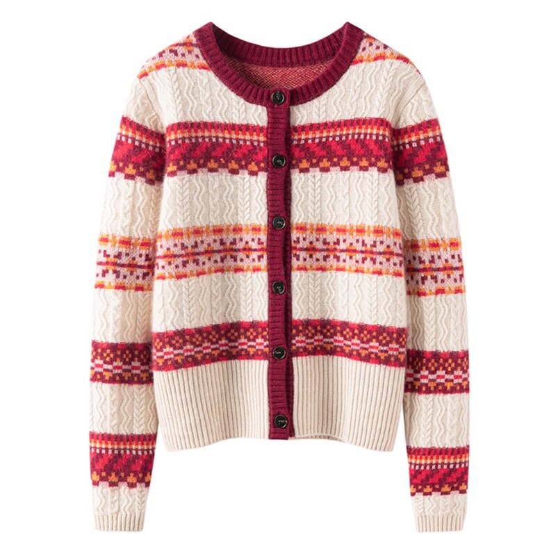 2025年秋季新款百搭厚款圆领费尔岛提花开衫，女装羊绒衫，珍丝贝尔