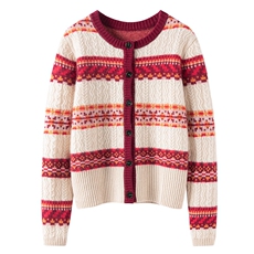 2025年秋季新款百搭厚款圆领费尔岛提花开衫，女装羊绒衫，珍丝贝尔