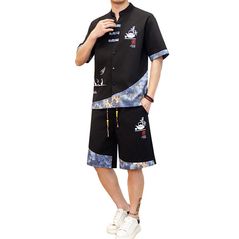 潮风套装男新中式短袖衬衫时尚休闲短裤两件套JZ307-P58,男装牛仔裤,星座310B-3