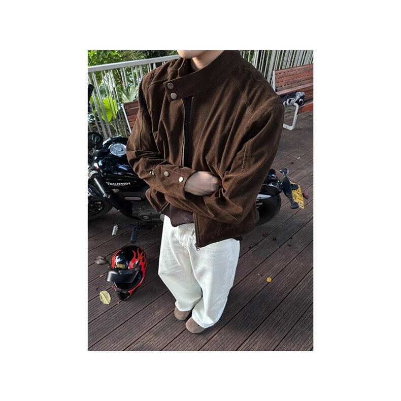 现货Konzen美式咖色绒皮短款外套男款秋季老钱风复古立领,女装短外套,星座218-1（原230）