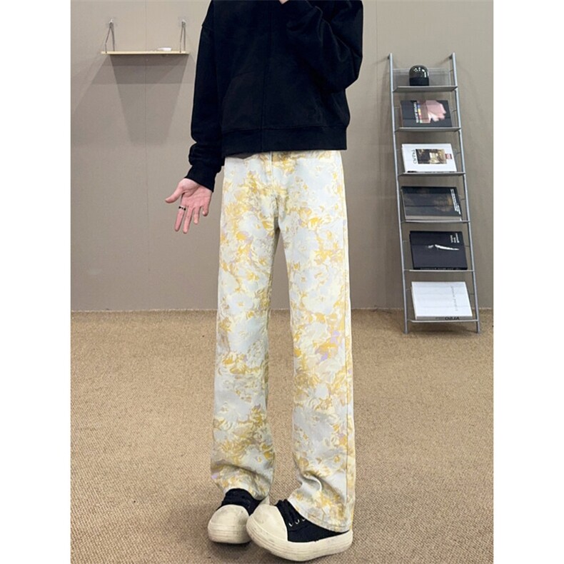 满印提花扎染牛仔裤男高个子加长美式高街vibe裤子直筒微喇休闲裤,男装牛仔裤,电商B221